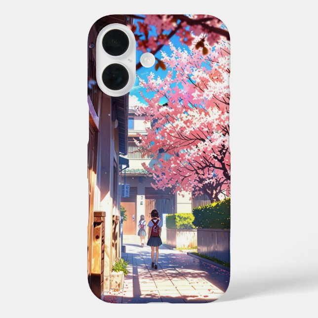 Funda iPhone 16 Patio escolar en primavera - Nostálgica escena ani (Reverso )