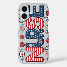 Funda iPhone 16 Patriotic Nurse Phone Case – USA Flag Medical Desi