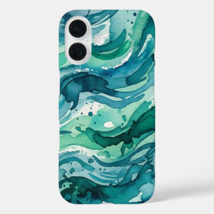 Funda iPhone 16 Patrón abstracto de acuarela de océano azul verdos