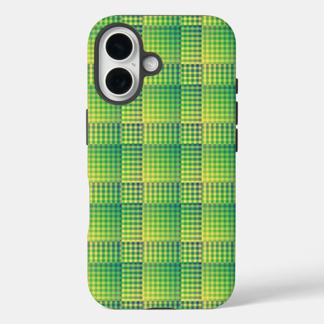 Funda iPhone 16 Patrón abstracto de cuadros verdes y azules (Reverso )