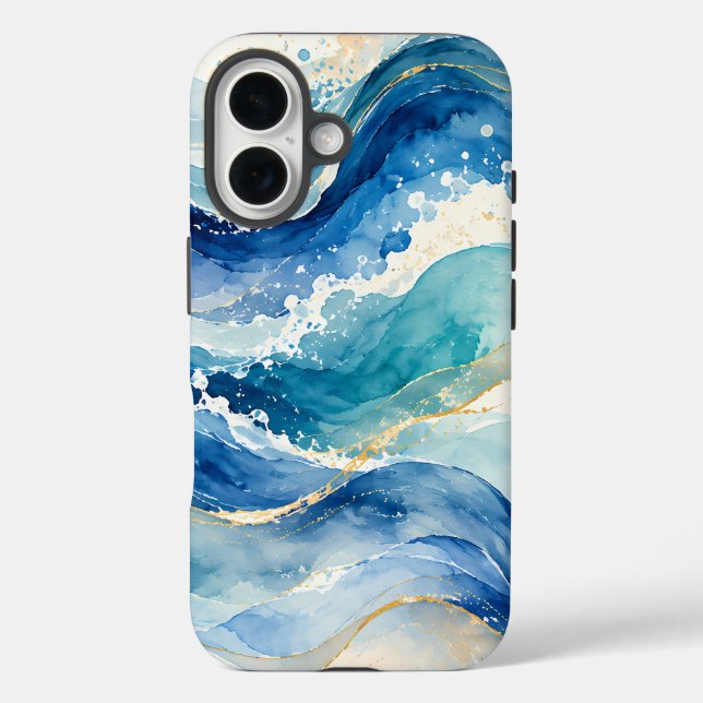 Funda iPhone 16 Patrón abstracto de olas del océano en acuarela (Reverso )