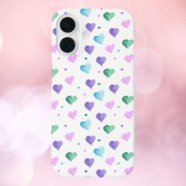 Funda iPhone 16 Patrón acuarela Patrón verde azul rosado púrpura (A phone case with watercolor hearts done in pink, blue, green and purple.)