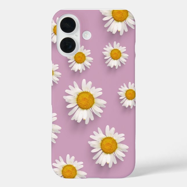 Funda iPhone 16 Patrón alegre de margarita sobre fondo rosado (Reverso )