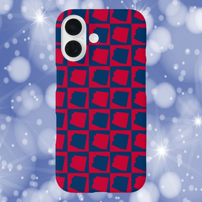 Funda iPhone 16 Patrón Arizona rojo y azul (A phone case with a red and blue pattern featuring the US state of Arizona.)