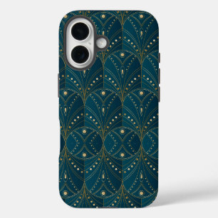 Funda iPhone 16 patrón Art Deco con formas geométricas doradas