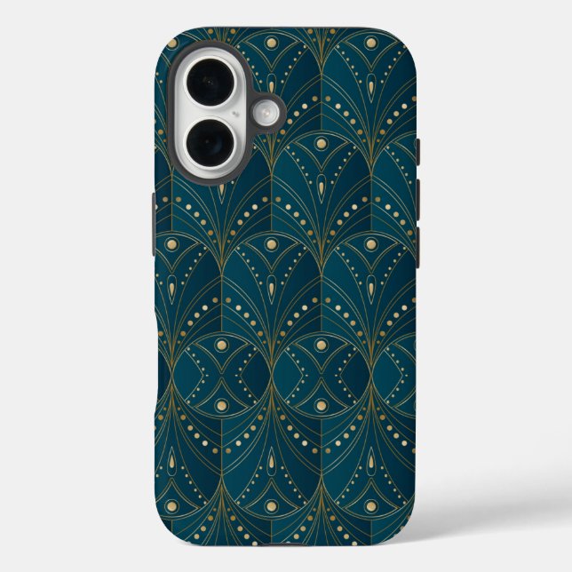 Funda iPhone 16 patrón Art Deco con formas geométricas doradas (Reverso )