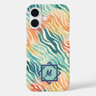 Funda iPhone 16 Patrón artístico de color acuático monogramado per