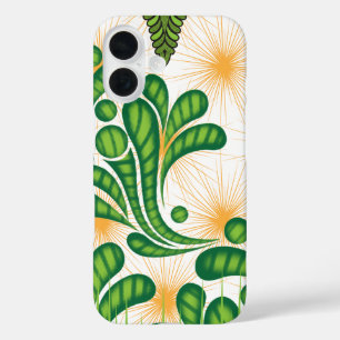 Funda iPhone 16 Patrón artístico verde y dorado que representa un