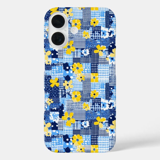 Funda iPhone 16 Patrón azul de flores amarillas (Reverso )