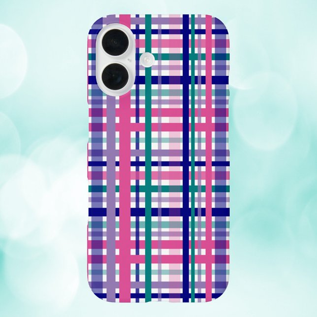 Funda iPhone 16 Patrón azul de la Marina Verde azulada Púrpura (A phone case with a plaid pattern done in pink, purple, teal and navy blue.)