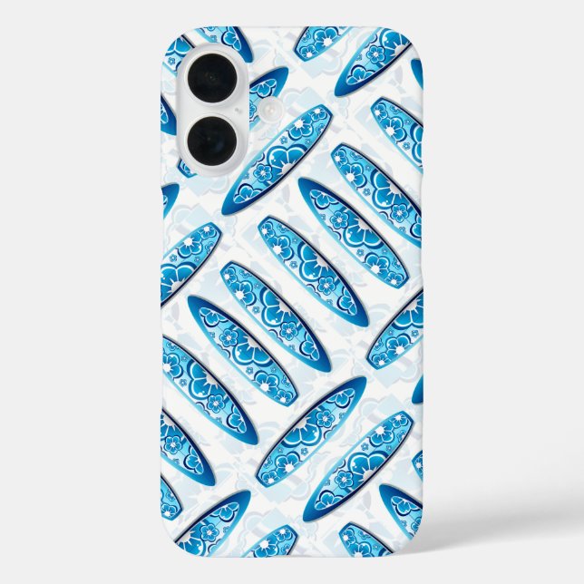 Funda iPhone 16 Patrón azul de tablas de surf (Reverso )