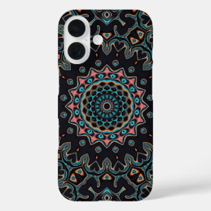 Funda iPhone 16 Patrón azul Verde azulado negro rosa Mandala Boho