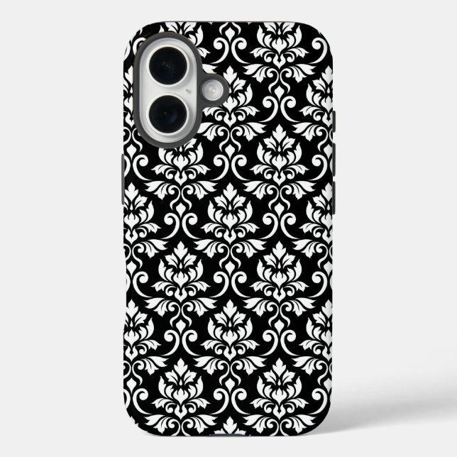 Funda iPhone 16 Patrón blanco de Feuille Damask en negro (Reverso )