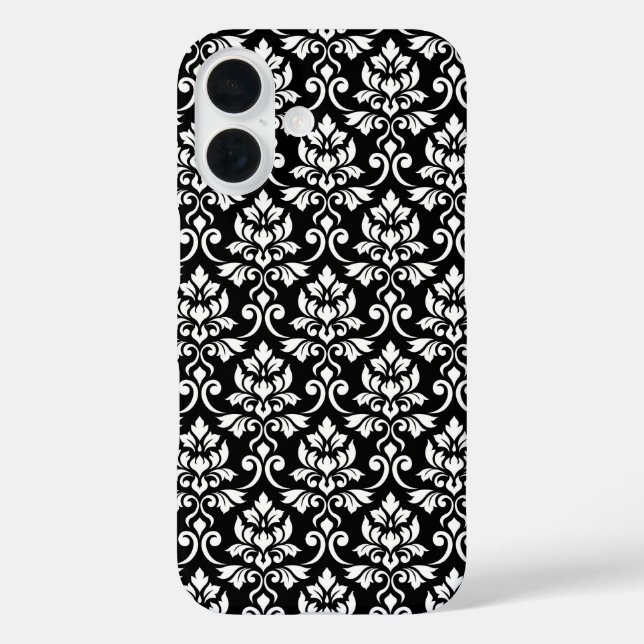 Funda iPhone 16 Patrón blanco de Feuille Damask en negro (Reverso )