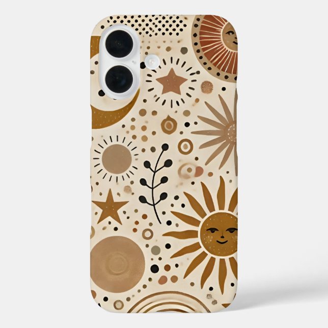 Funda iPhone 16 Patrón Boho Celestial de Sol y Luna (Reverso )