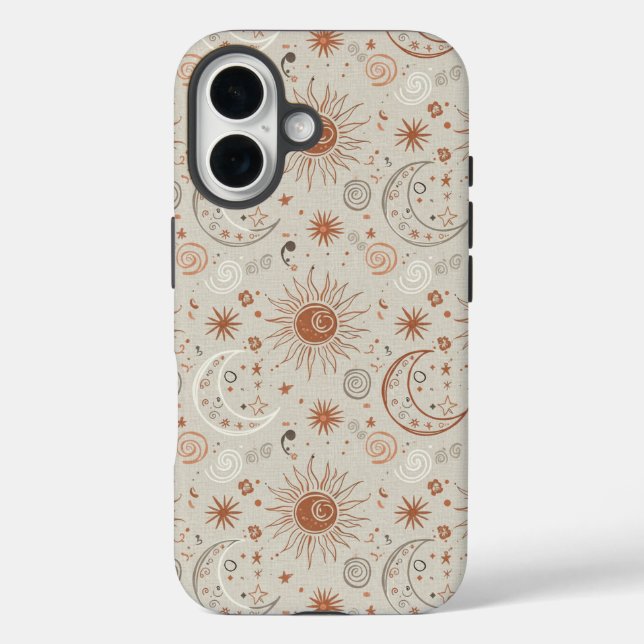 Funda iPhone 16 Patrón Boho de Sol y Luna (Reverso )
