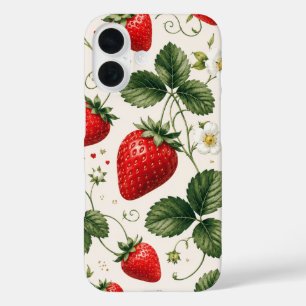Funda iPhone 16 Patrón Botánico de Fresa Sin Costuras Estilo Vinta