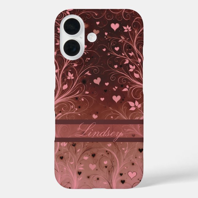 Funda iPhone 16 Patrón cardíaco floral romántico (Reverso )