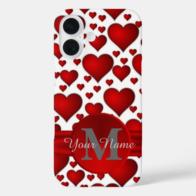 Funda iPhone 16 Patrón cardíaco romántico monogramado (Reverso )