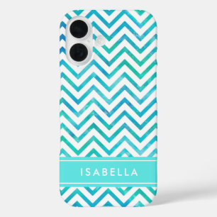 Funda iPhone 16 Patrón Chevron de color de agua moderna azul y bla