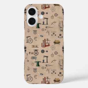 Funda iPhone 16 Patrón científico mecánico de ingeniería antigua
