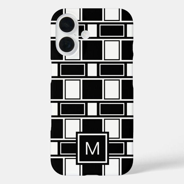 Funda iPhone 16 Patrón contemporáneo en blanco y negro monogramado (Reverso )
