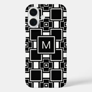 Funda iPhone 16 Patrón contemporáneo en blanco y negro monogramado