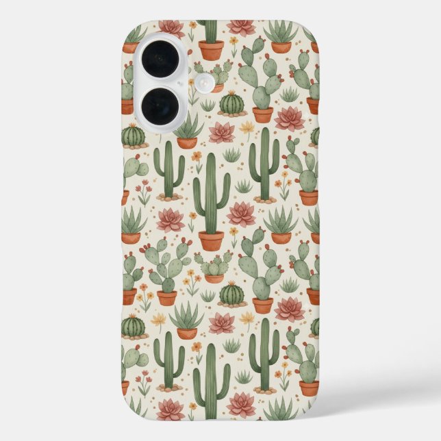 Funda iPhone 16 Patrón continuo de cactus suculentos del desierto (Reverso )