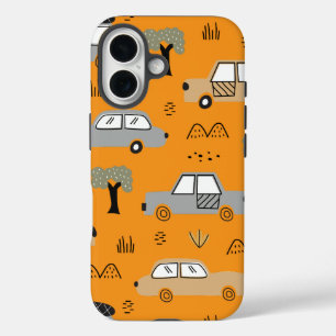 Funda iPhone 16 Patrón continuo de coches retro minimalistas en ne
