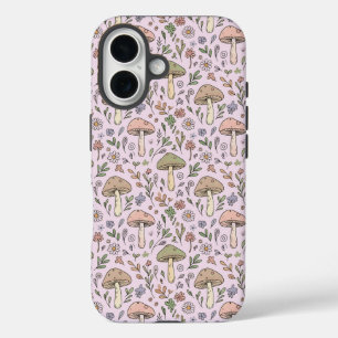 Funda iPhone 16 Patrón continuo de Cottagecore con hongos rosa pas