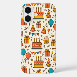 Funda iPhone 16 Patrón continuo de fiesta de cumpleaños vibrante
