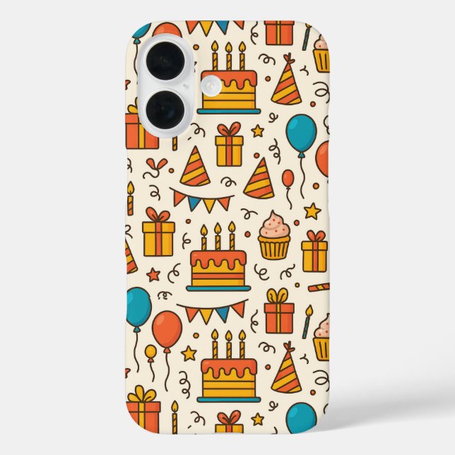 Funda iPhone 16 Patrón continuo de fiesta de cumpleaños vibrante (Reverso )