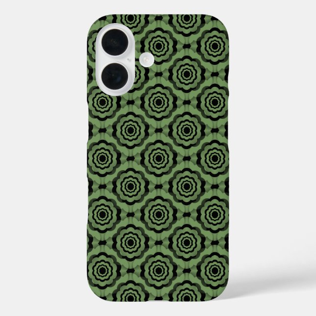 Funda iPhone 16 Patrón continuo de flor negra verde (Reverso )