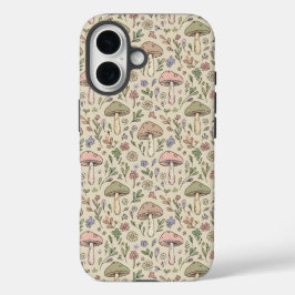 Funda iPhone 16 Patrón continuo de hongos beige cálido Boho neutro