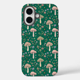 Funda iPhone 16 Patrón continuo de hongos esmeralda profunda vibra