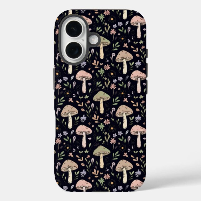 Funda iPhone 16 Patrón continuo de hongos oscuros y ricos Goblinco (Reverso )