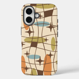 Funda iPhone 16 Patrón cósmico moderno de la era atómica de mediad