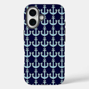 Funda iPhone 16 patrón de anclaje náutico de barco azul