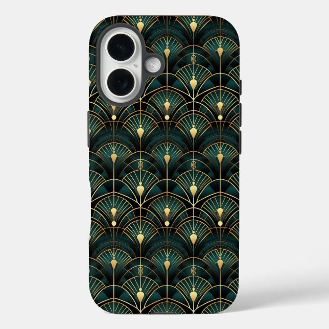 Funda iPhone 16 Patrón de arte esmeralda y oro (Reverso )