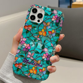 Funda iPhone 16 Patrón de arte floral de vidrio tintado púrpura tu