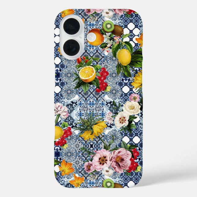 Funda iPhone 16 Patrón de azulejos de época siciliana y flores (Reverso )