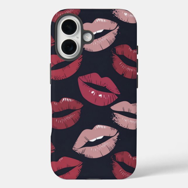 Funda iPhone 16 Patrón de besos de lápiz labial pusilánime (Reverso )