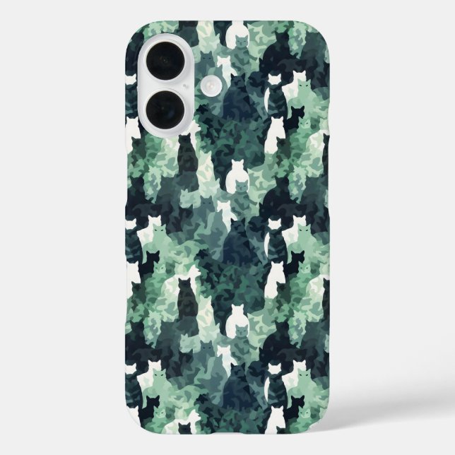 Funda iPhone 16 Patrón de camuflaje de gatos verdes (Reverso )