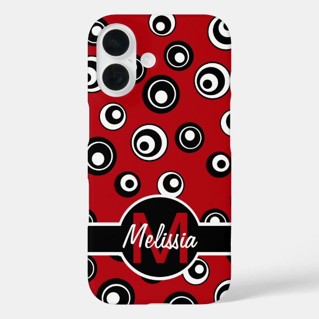 Funda iPhone 16 Patrón de círculo rojo monogramado, negro blanco (Reverso )