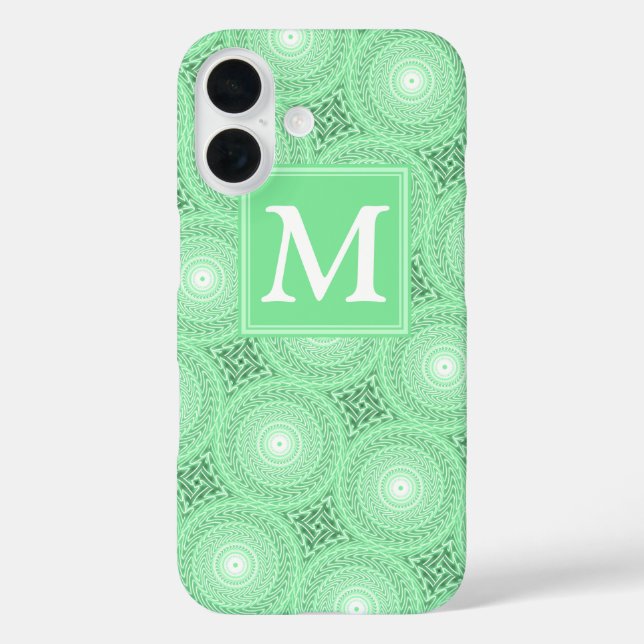 Funda iPhone 16 Patrón de círculos de verde primavera monograma (Reverso )