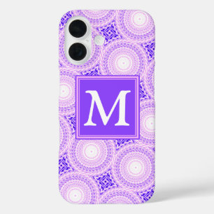 Funda iPhone 16 patrón de círculos púrpura con monograma