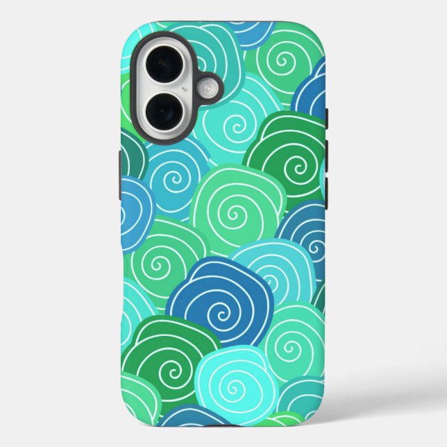 Funda iPhone 16 Patrón de círculos rodantes azul verdoso (Reverso )