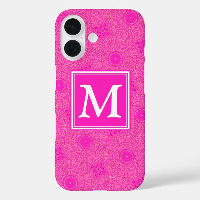 Funda iPhone 16 Patrón de círculos rosados calientes de monograma (Reverso )