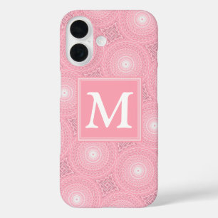 Funda iPhone 16 Patrón de círculos rosados monograma