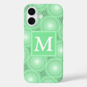 Funda iPhone 16 Patrón de círculos verdes de primavera monograma